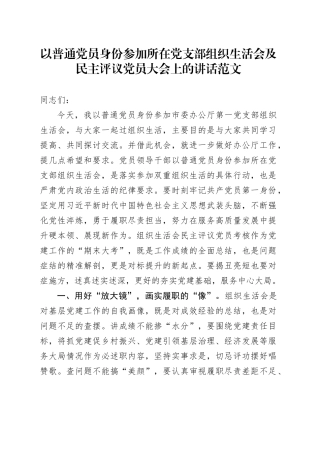 以普通党员身份参加所在党支部组织生活会及民主评议党员大会上的讲话20240202