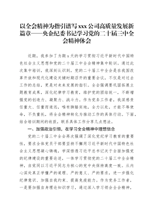 以全会精神为指引 谱写X公司高质量发展新篇章 ——央企纪委书记学习党的二十届三中全会精神体会