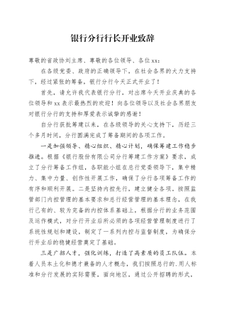 银行分行行长开业致辞