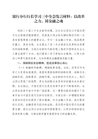 银行分行行长学习三中全会发言材料：以改革之力，铸金融之魂
