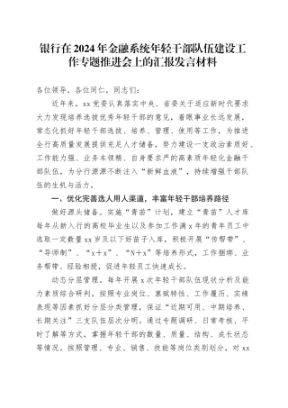 银行在2024年金融系统年轻干部队伍建设工作专题推进会上的汇报发言材料