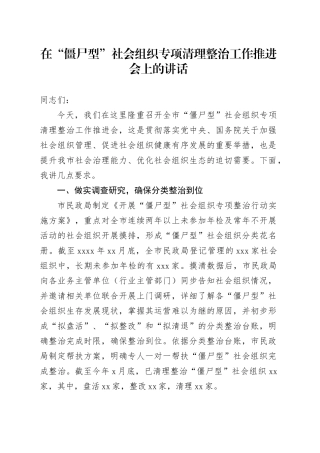 在“僵尸型”社会组织专项清理整治工作推进会上的讲话