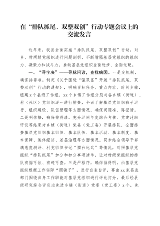在“排队抓尾、双整双创”行动专题会议上的交流发言