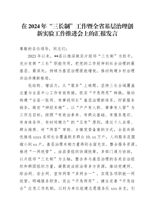 在2024年“三长制”工作暨全省基层治理创新实验工作推进会上的汇报发言