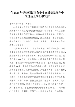 在2024年党建引领国有企业高质量发展年中推进会上的汇报发言
