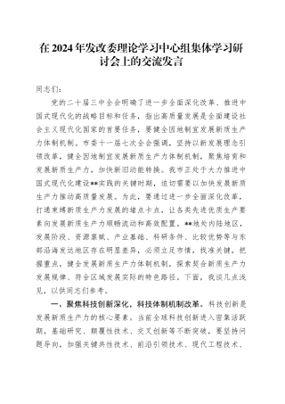 在2024年发改委理论学习中心组集体学习研讨会上的交流发言