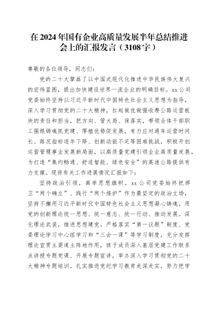 在2024年国企高质量发展半年总结推进会上的汇报发言（3108字）