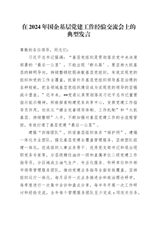 在2024年国企基层党建工作经验交流会上的典型发言（公司）