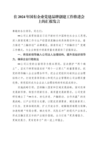 在2024年国有企业党建品牌创建工作推进会上的汇报发言