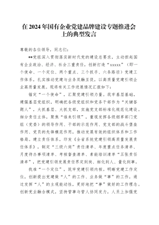 在2024年国有企业党建品牌建设专题推进会上的典型发言