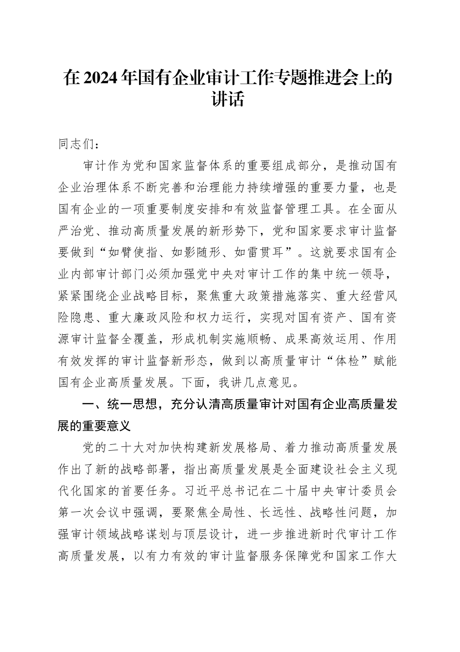 在2024年国有企业审计工作专题推进会上的讲话_第1页