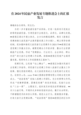 在2024年民宿产业发展专题推进会上的汇报发言