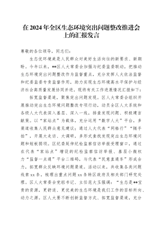 在2024年全区生态环境突出问题整改推进会上的汇报发言