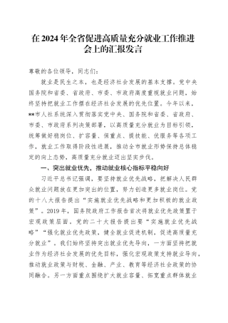 在2024年全省促进高质量充分就业工作推进会上的汇报发言