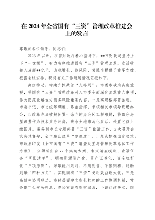在2024年全省国有“三资”管理改革推进会上的发言