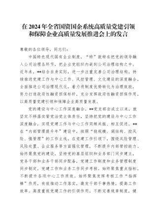 在2024年全省国资国企系统高质量党建引领和保障企业高质量发展推进会上的发言
