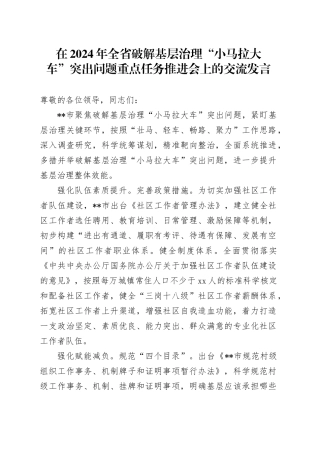 在2024年全省破解基层治理“小马拉大车”突出问题重点任务推进会上的交流发言