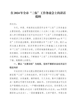 在2024年全市“三农”工作务虚会上的讲话提纲