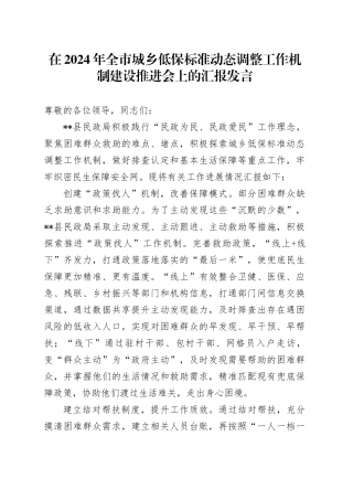 在2024年全市城乡低保标准动态调整工作机制建设推进会上的汇报发言