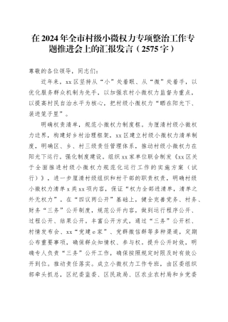 在2024年全市村级小微权力专项整治工作专题推进会上的汇报发言（2575字）
