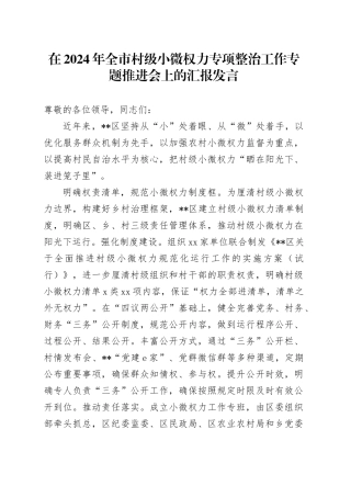 在2024年全市村级小微权力专项整治工作专题推进会上的汇报发言