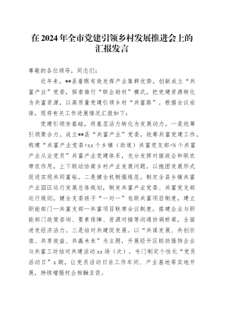 在2024年全市党建引领乡村发展推进会上的汇报发言