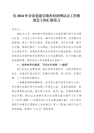在2024年全市党建引领乡村治理试点工作推进会上的汇报发言
