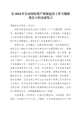 在2024年全市国有资产资源盘活工作专题推进会上的交流发言