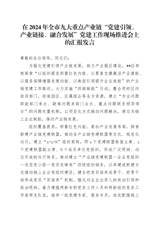 在2024年全市九大重点产业链“党建引领、产业链接、融合发展”党建工作现场推进会上的汇报发言