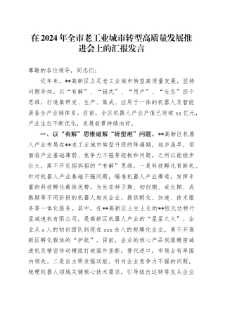 在2024年全市老工业城市转型高质量发展推进会上的汇报发言