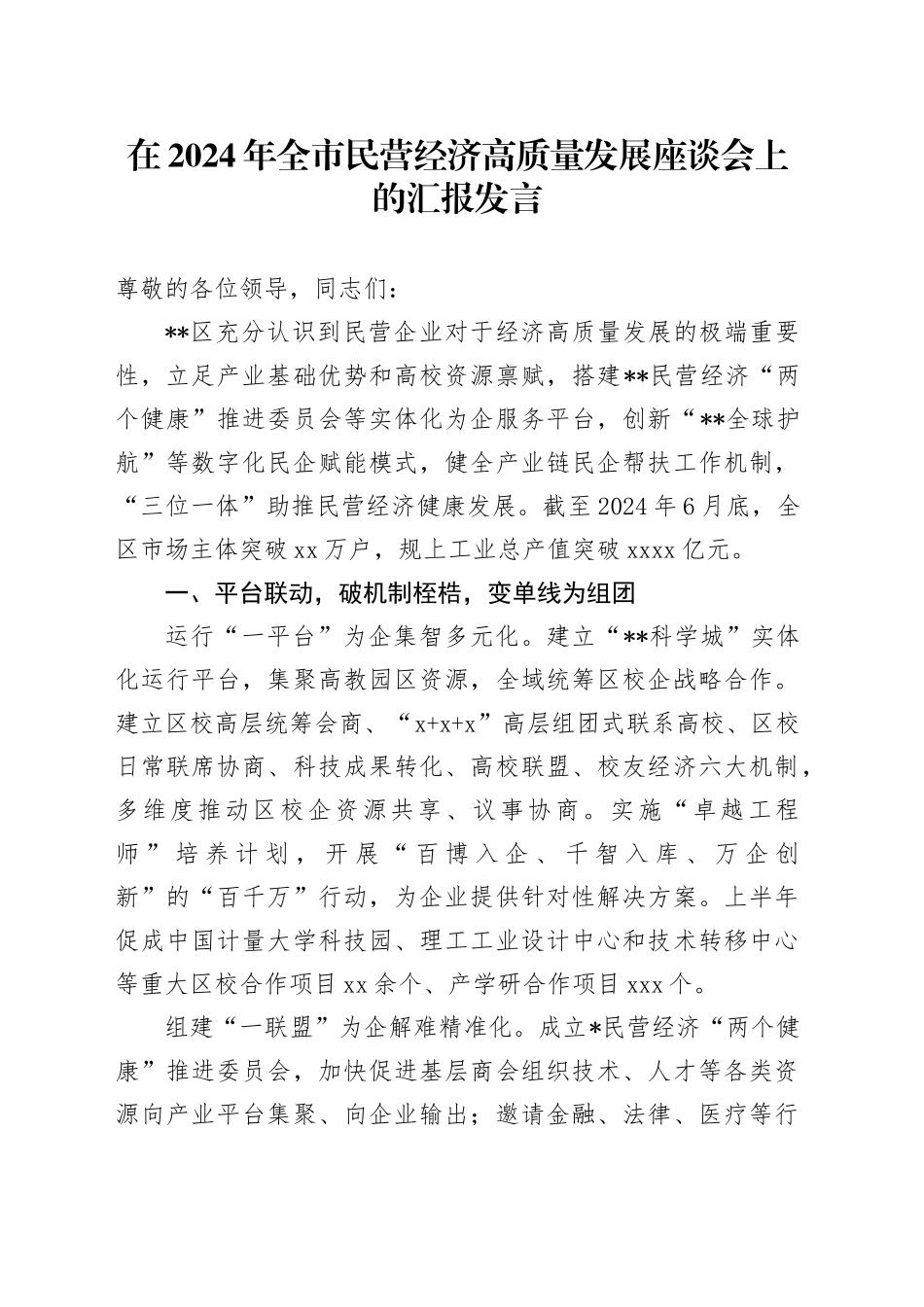 在2024年全市民营经济高质量发展座谈会上的汇报发言_第1页