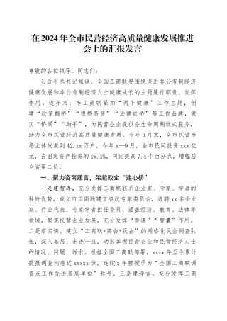 在2024年全市民营经济高质量健康发展推进会上的汇报发言