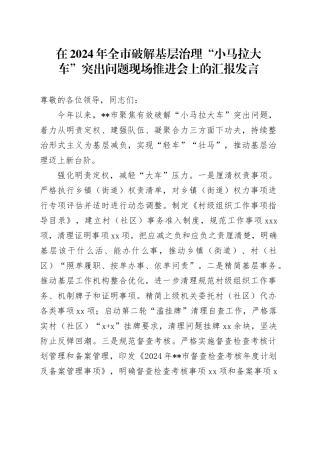 在2024年全市破解基层治理“小马拉大车”突出问题现场推进会上的汇报发言