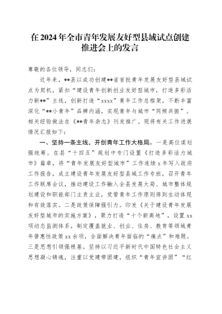 在2024年全市青年发展友好型县域试点创建推进会上的发言