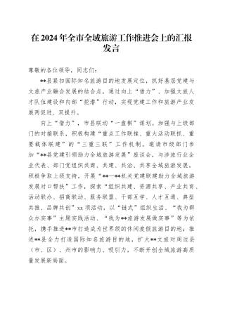 在2024年全市全域旅游工作推进会上的汇报发言