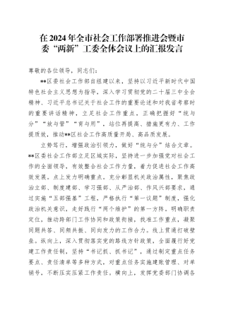 在2024年全市社会工作部署推进会暨市委“两新”工委全体会议上的汇报发言