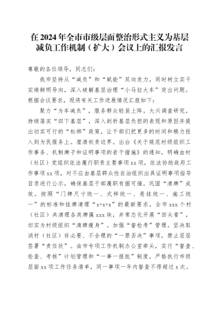 在2024年全市市级层面整治形式主义为基层减负工作机制（扩大）会议上的汇报发言(1)
