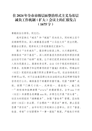 在2024年全市市级层面整治形式主义为基层减负工作机制（扩大）会议上的汇报发言（1675字）