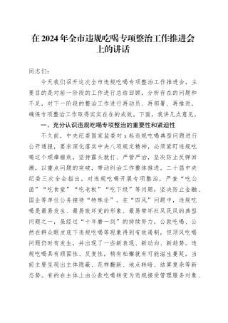 在2024年全市违规吃喝专项整治工作推进会上的讲话