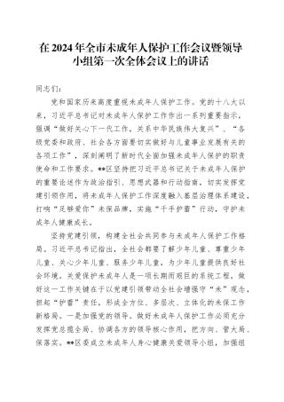 在2024年全市未成年人保护工作会议暨领导小组第一次全体会议上的讲话