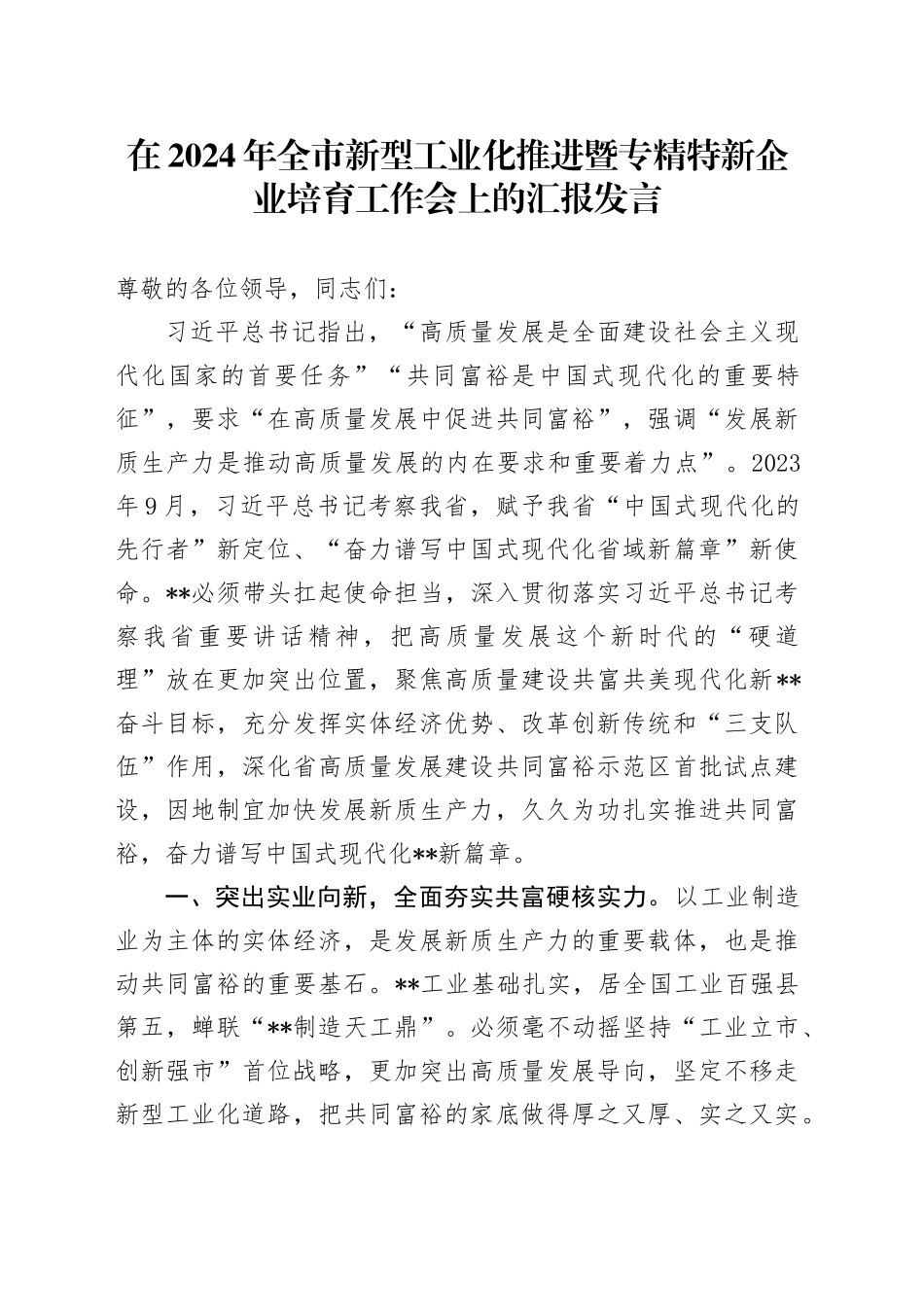在2024年全市新型工业化推进暨专精特新企业培育工作会上的汇报发言_第1页