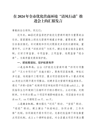 在2024年全市优化营商环境“清风行动”推进会上的汇报发言