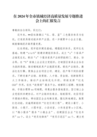 在2024年全市镇域经济高质量发展专题推进会上的汇报发言