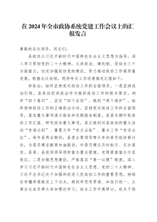在2024年全市政协系统党建工作会议上的汇报发言