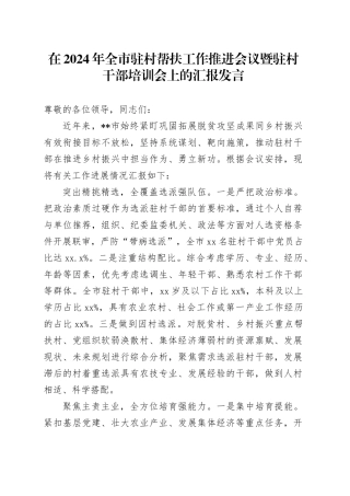 在2024年全市驻村帮扶工作推进会议暨驻村干部培训会上的汇报发言