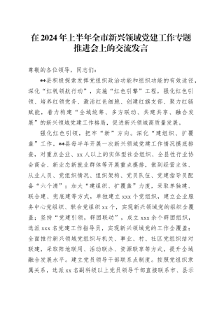 在2024年上半年全市新兴领域党建工作专题推进会上的交流发言