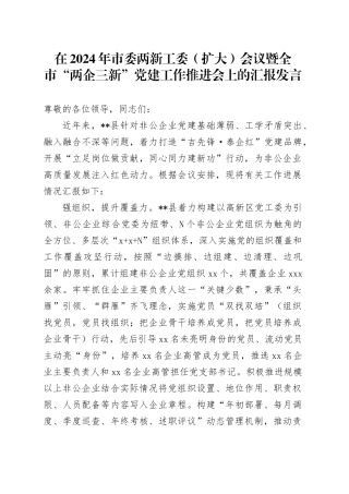 在2024年市委两新工委（扩大）会议暨全市“两企三新”党建工作推进会上的汇报发言