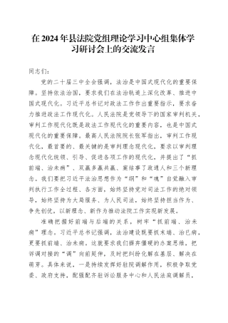 在2024年县法院党组理论学习中心组集体学习研讨会上的交流发言