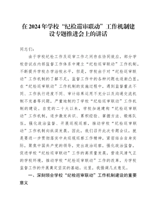 在2024年学校“纪检巡审联动”工作机制建设专题推进会上的讲话