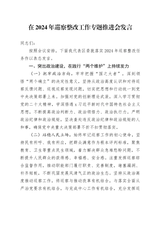 在2024年巡察整改工作专题推进会发言